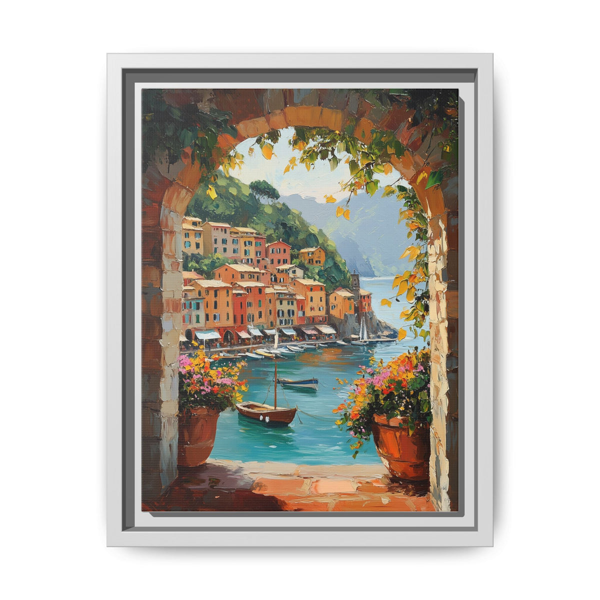 Portofino wall art framed canvas print in a white wood frame