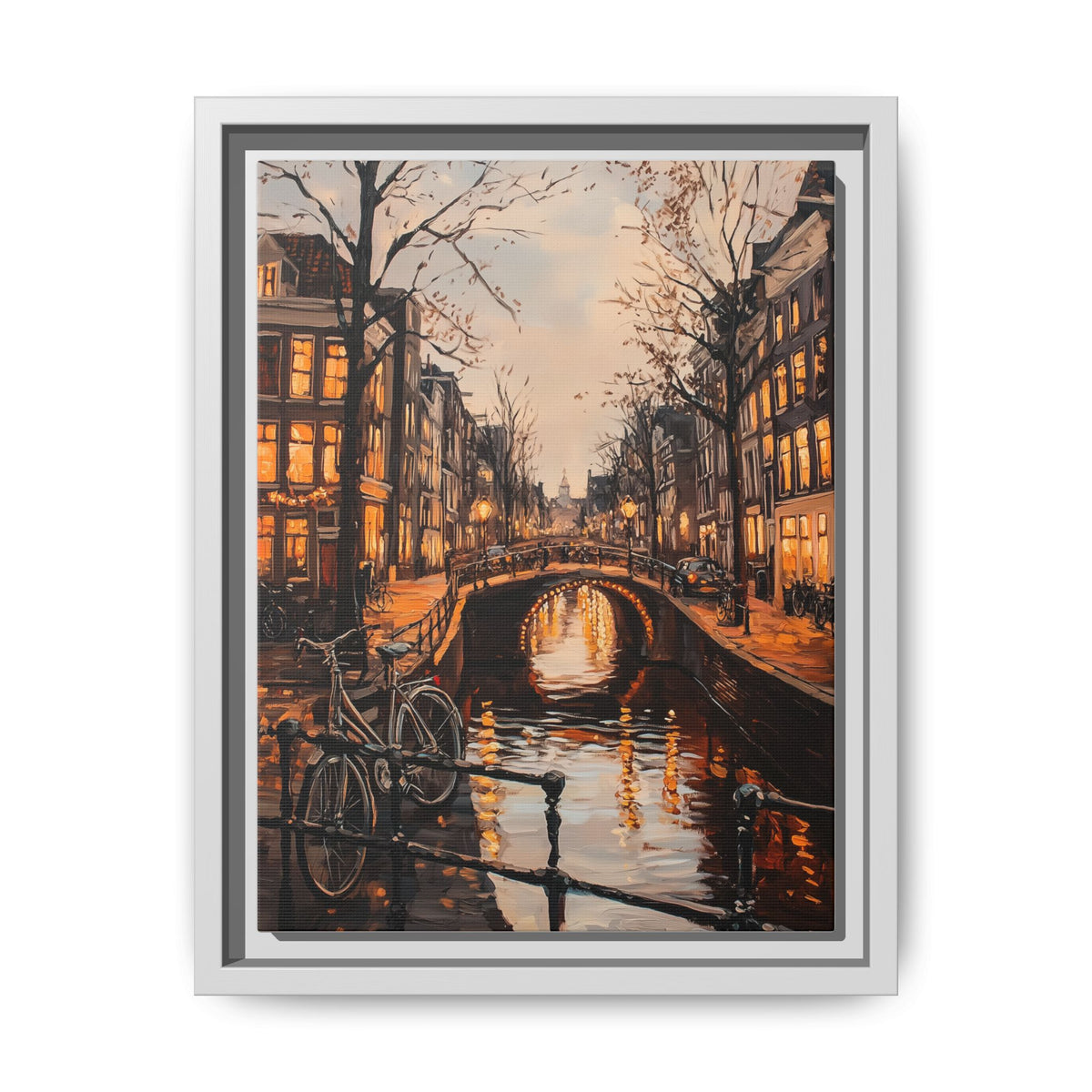 Amsterdam wall art framed canvas print in a white wood frame