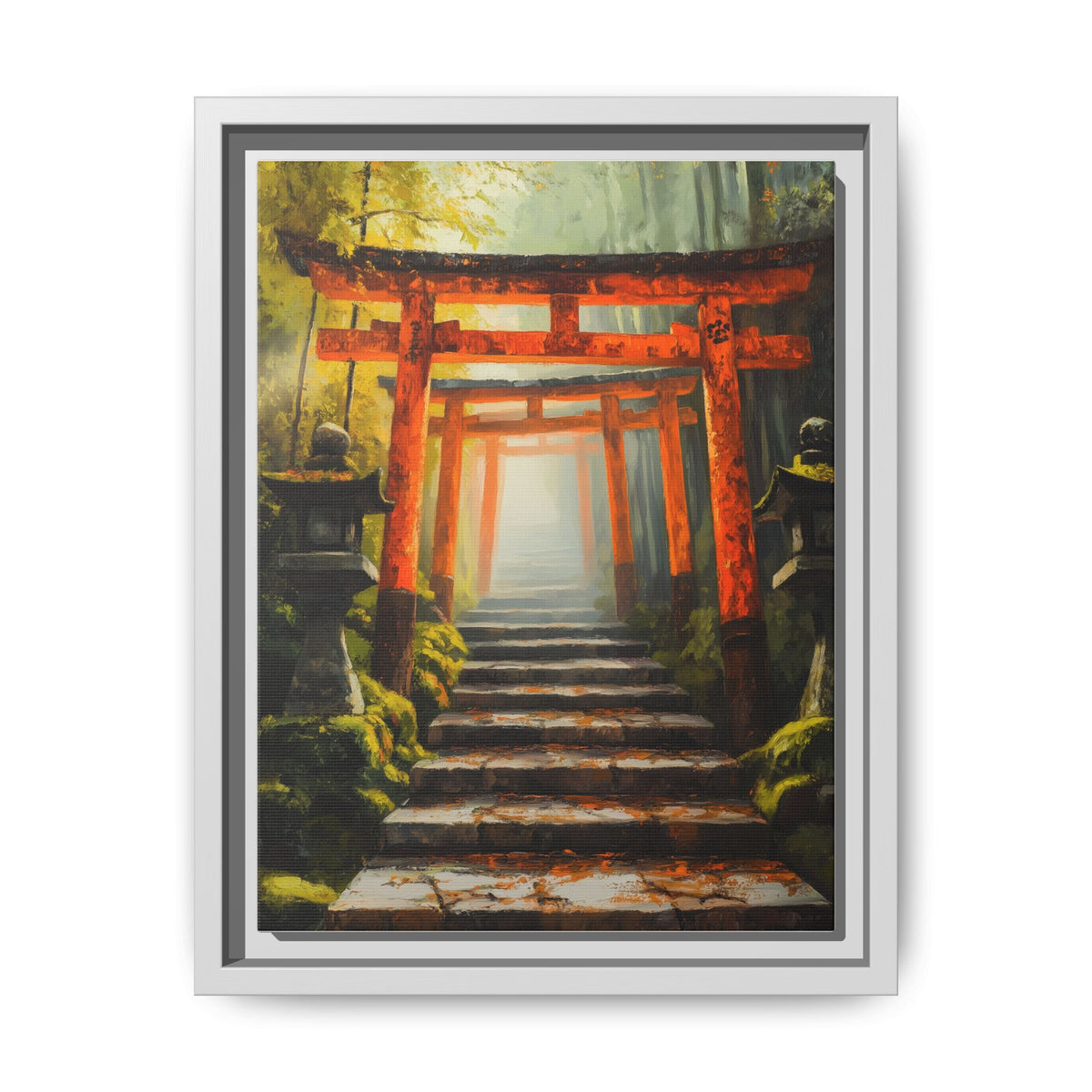 Torii Gate wall art framed canvas print in a white wood frame