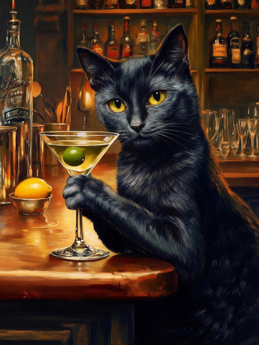 Painterly black cat canvas print in amber and gold, 1960s Italian bar mood