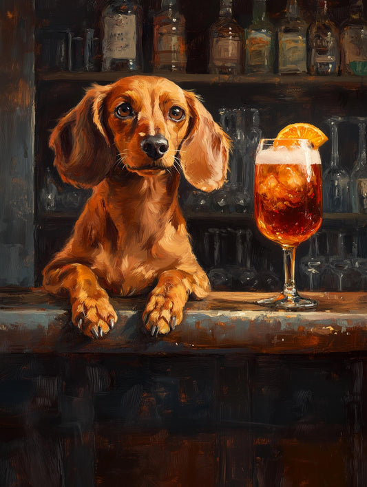 Painterly aperitivo canvas print of a dachshund beside a bright orange spritz