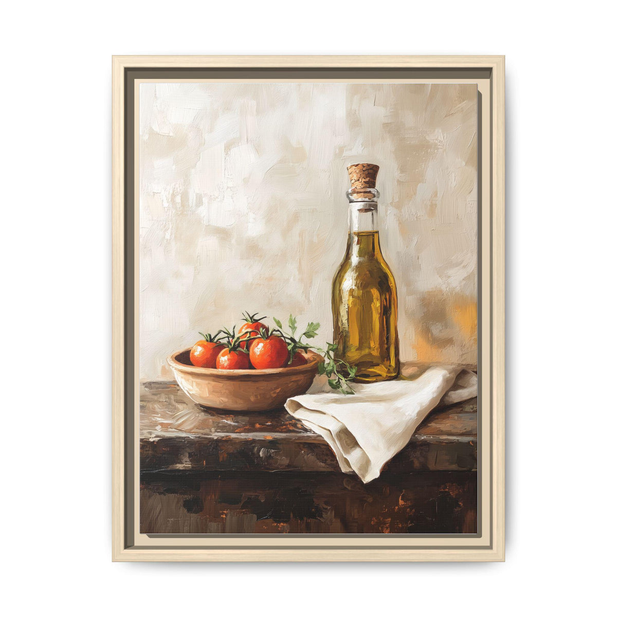 Olive Oil wall art framed canvas print in a natural wood frame