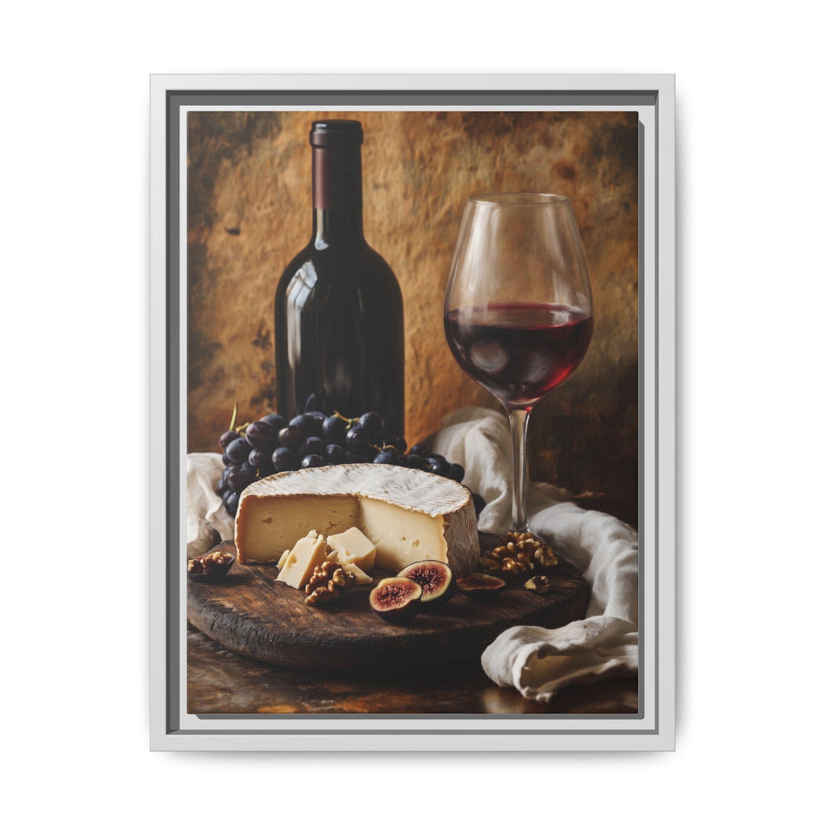 Wine and Cheese wall art framed canvas print in a white wood frame