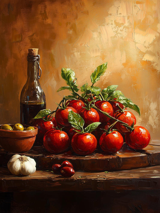 Italian market still life painted in oils, deep reds set against warm wood