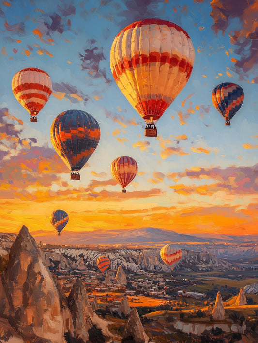 Painterly Turkey canvas print with fairy chimneys catching amber light