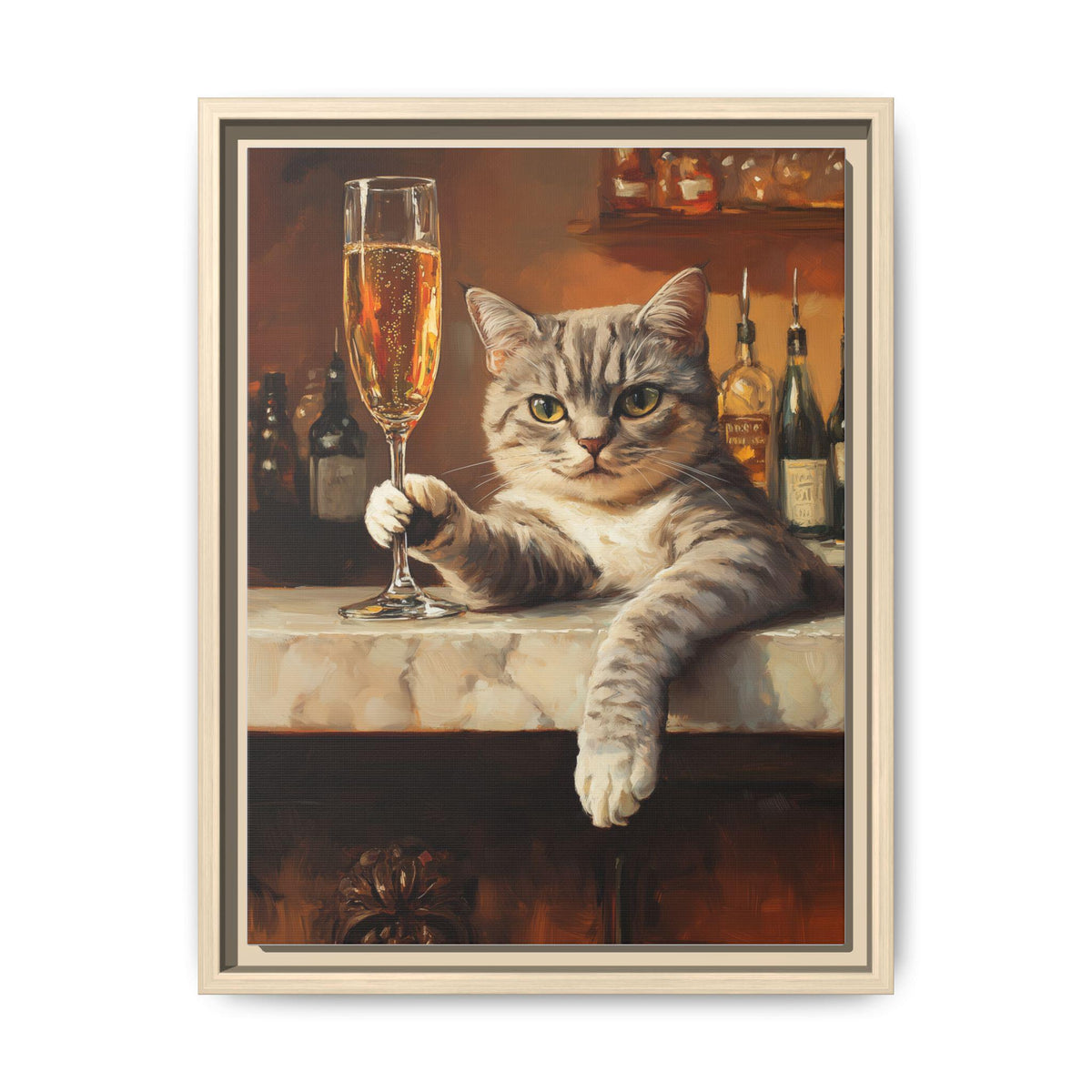 Champagne Cat wall art framed canvas print in a natural wood frame