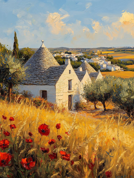 Painterly trullo canvas print in the warm afternoon light of southern Italy