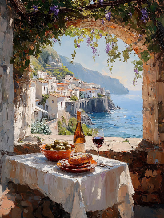 Painterly Italian terrace canvas print with olives and wine set out on the table