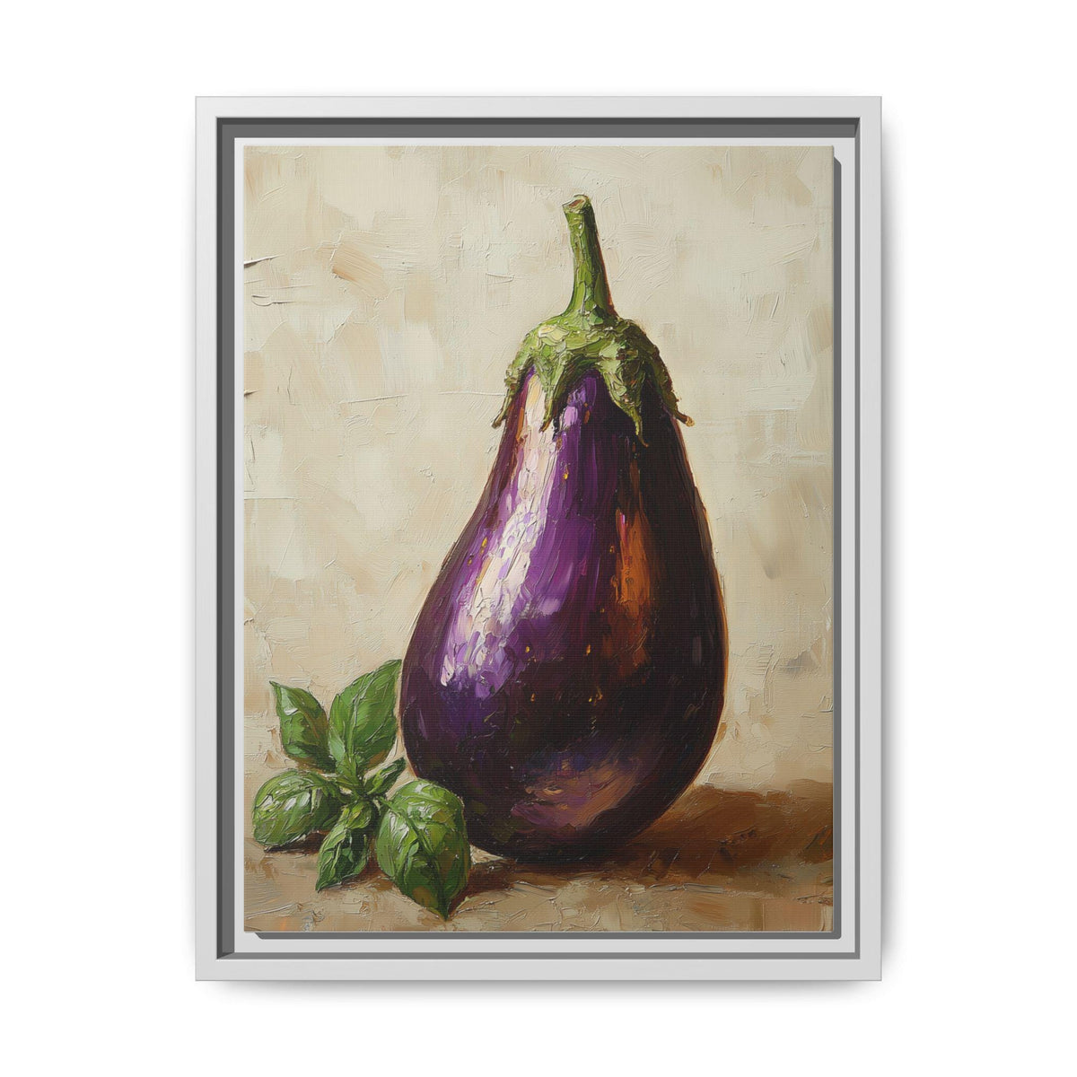 Eggplant wall art framed canvas print in a white wood frame