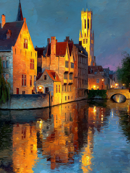 Painterly Bruges canvas print with gabled houses mirrored in still water
