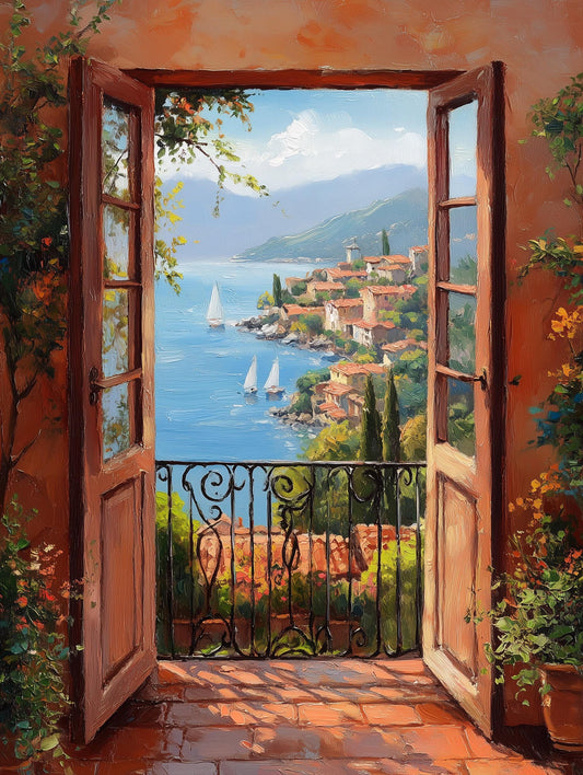 Painterly open window canvas print in Matisse-bright blues and warm coral