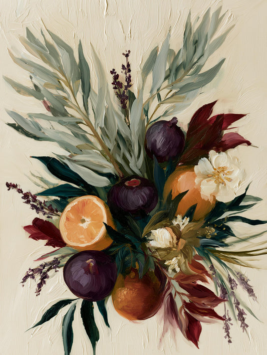 Painterly botanical canvas print with leaves and blooms in repeating scrolls