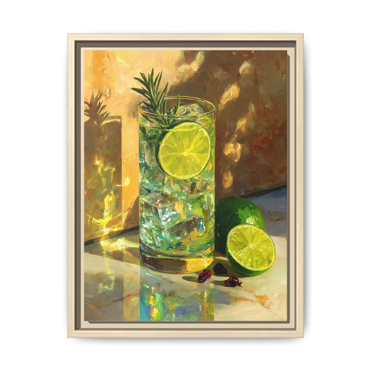 Gin and Tonic wall art framed canvas print in a natural wood frame