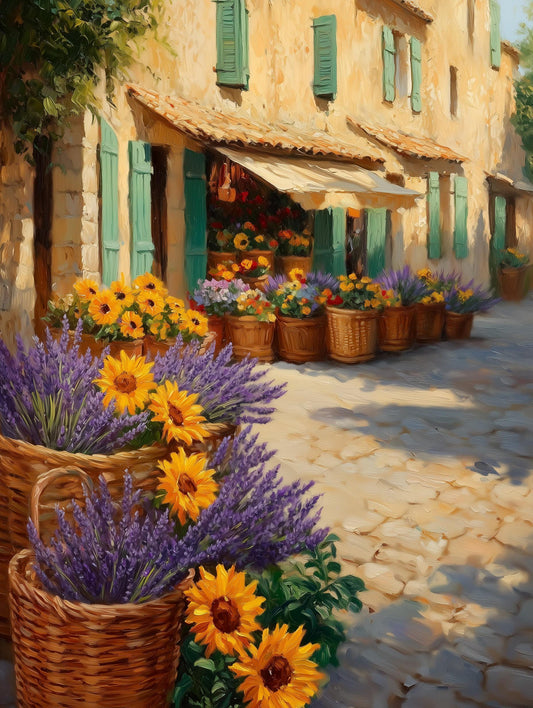 Painterly Provence canvas print of a sunlit street market storefront