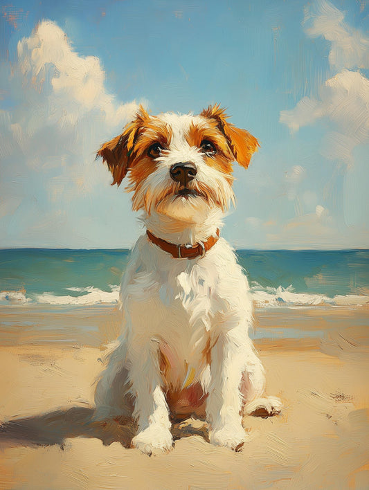 Painterly beach dog portrait with eyes fixed on something far offshore