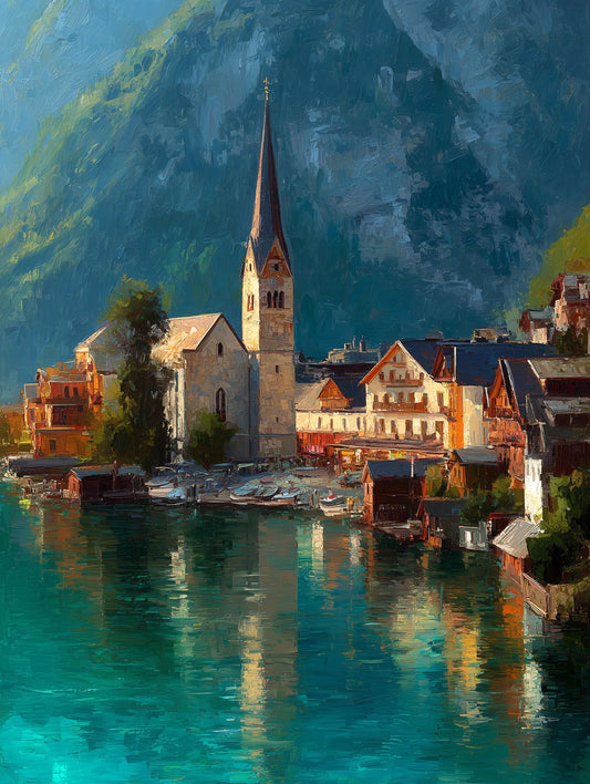 Painterly Austria canvas print with the emerald Hallstatter See below the alps