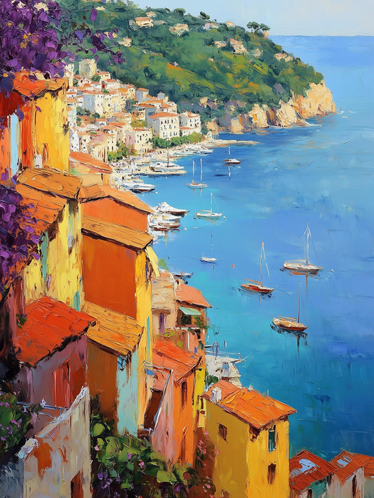 French Riviera canvas print with boats moored in the bay, painted in loose oils