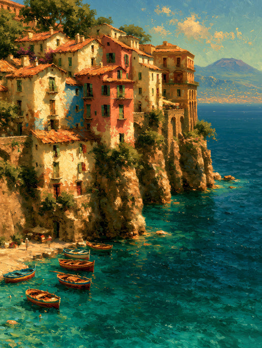 Amalfi Coast canvas print with small fishing boats painted in loose oils
