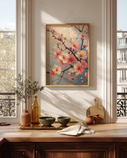 Painterly sakura canvas print in soft pink and cream alla prima strokes