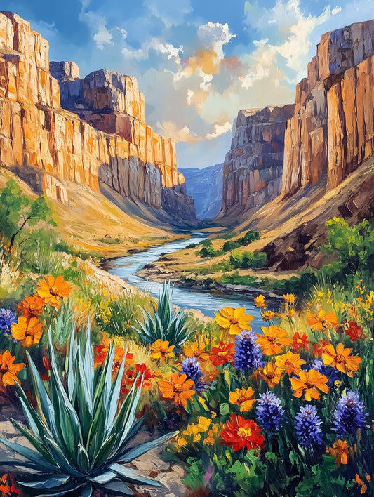 Painterly Texas desert canvas print with agave and wildflowers below the cliffs