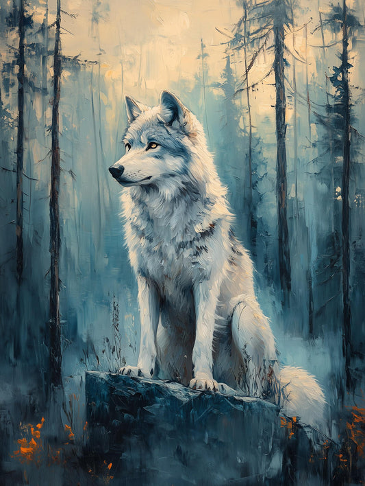 Painterly wolf canvas print with the forest worked in deep blue-green oils