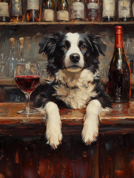 Painterly Border Collie canvas print beside a poured glass of red wine