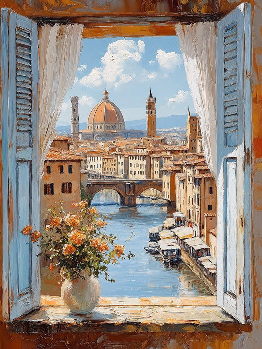 Painterly Florence window canvas print with the Ponte Vecchio in the distance