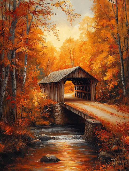 Painterly covered bridge canvas print framed by red and gold fall foliage