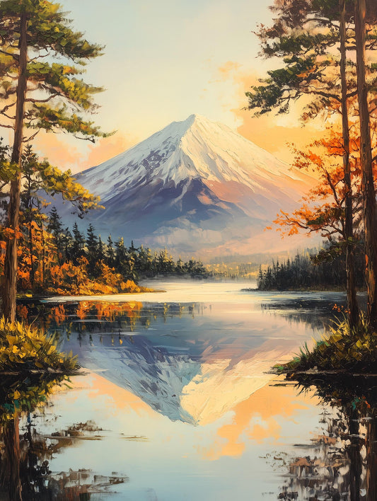 Impasto oil painting of Japan's great peak with pines turning autumn gold