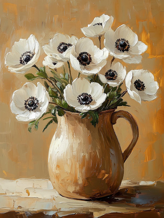 Moody anemone floral canvas print built up in thick impasto oil brushwork