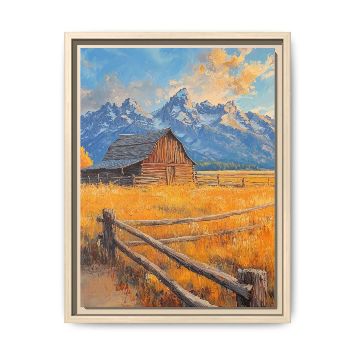 Grand Teton wall art framed canvas print in a natural wood frame