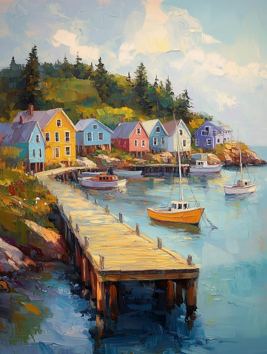 Painterly Maine coast canvas print with sailboats resting on calm harbor water