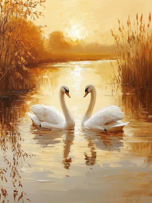 Painterly swan couple canvas print with willows brushed in impasto oils