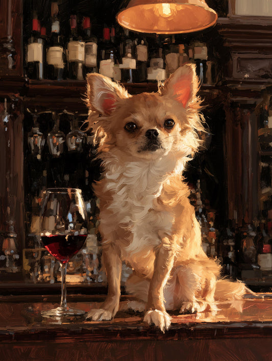 Painterly Chihuahua canvas print beside a poured glass of red wine