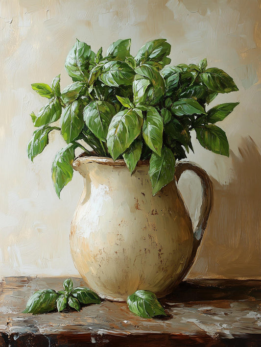 Painterly kitchen herb canvas print with broad green basil leaves