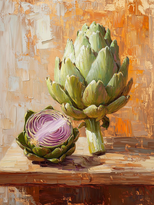 Rustic vegetable still life canvas print with violet artichoke hearts catching light