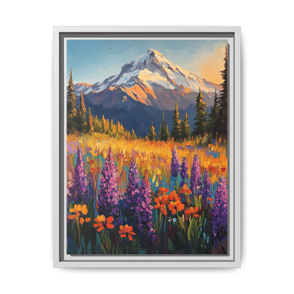 Mount Rainier wall art framed canvas print in a white wood frame