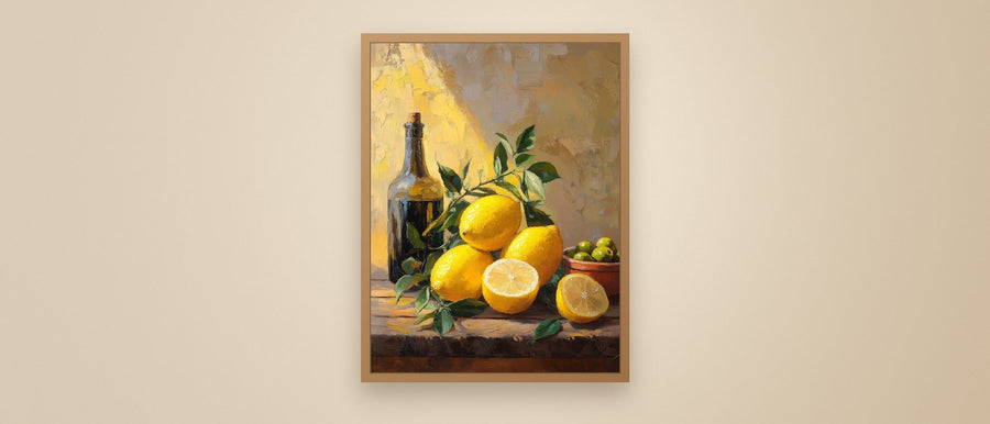 Italian lemon still life wall art in a natural wood frame on a warm plaster wall
