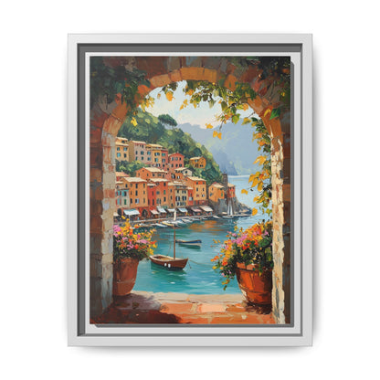Portofino wall art framed canvas print in a white wood frame