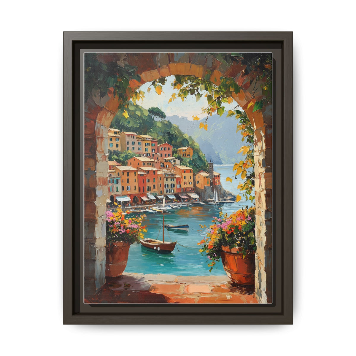 Portofino wall art framed canvas print in an espresso wood frame
