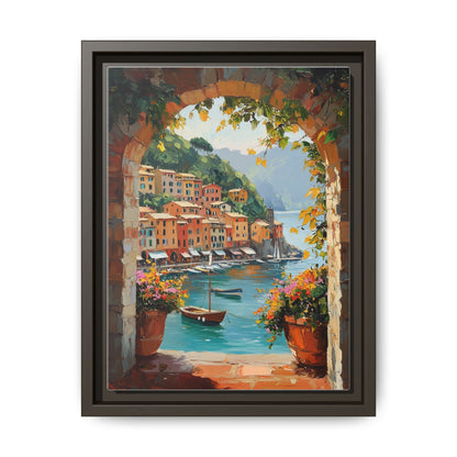 Portofino wall art framed canvas print in an espresso wood frame