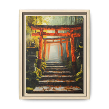 Torii Gate wall art framed canvas print in a natural wood frame