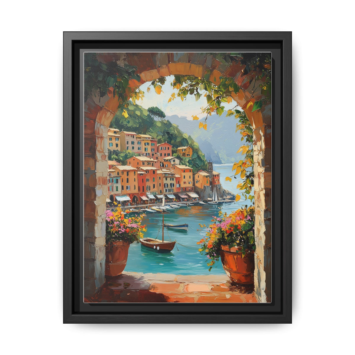 Portofino wall art framed canvas print in a black wood frame