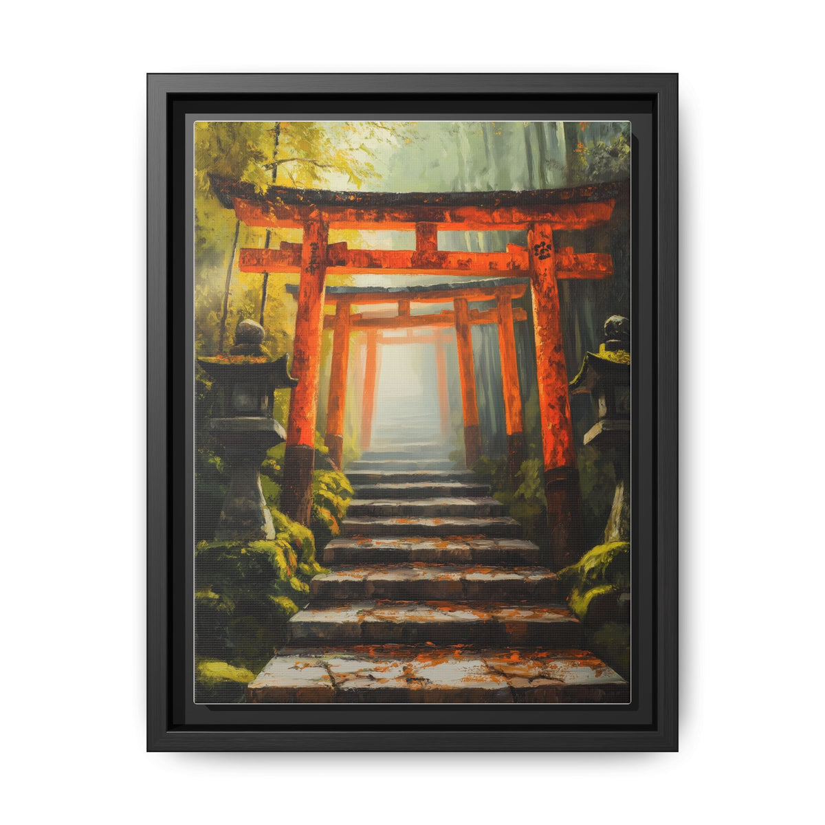 Torii Gate wall art framed canvas print in a black wood frame