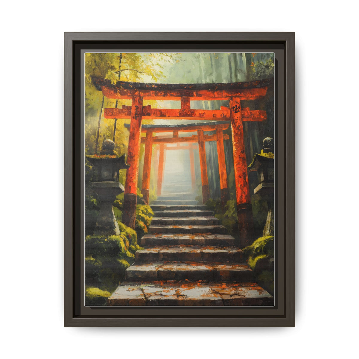Torii Gate wall art framed canvas print in an espresso wood frame
