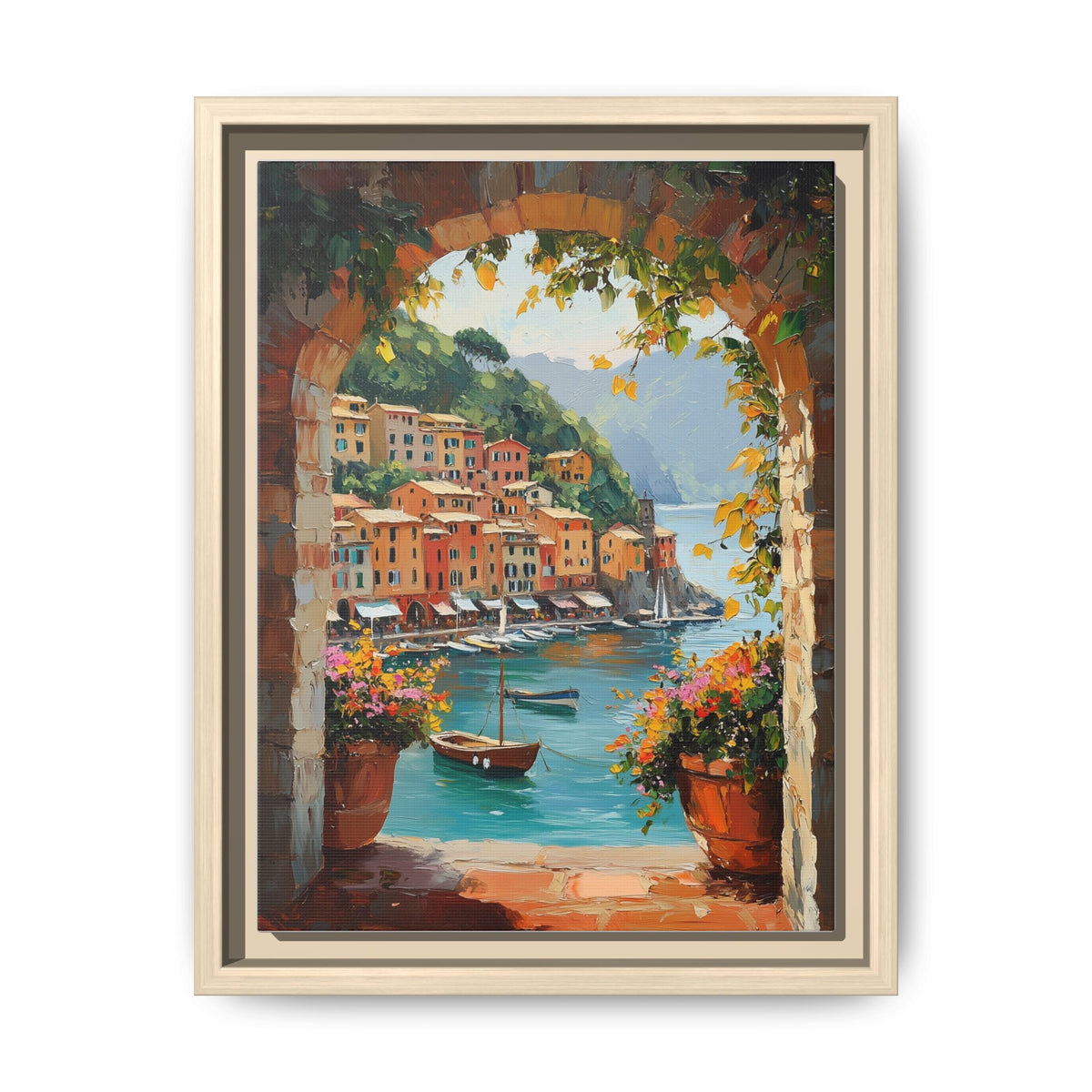 Portofino wall art framed canvas print in a natural wood frame