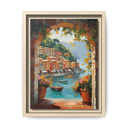 Portofino wall art framed canvas print in a natural wood frame