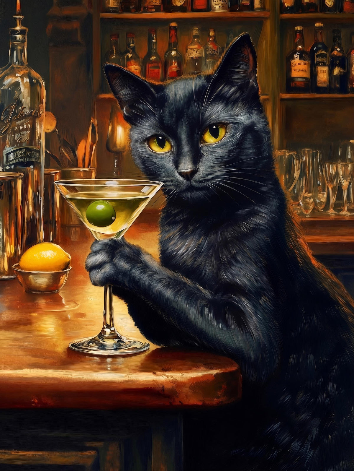 Painterly black cat canvas print in amber and gold, 1960s Italian bar mood