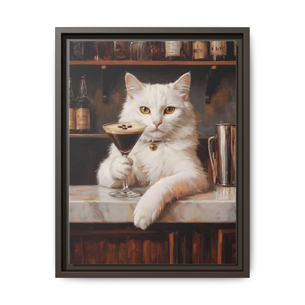 White Cat wall art framed canvas print in an espresso wood frame