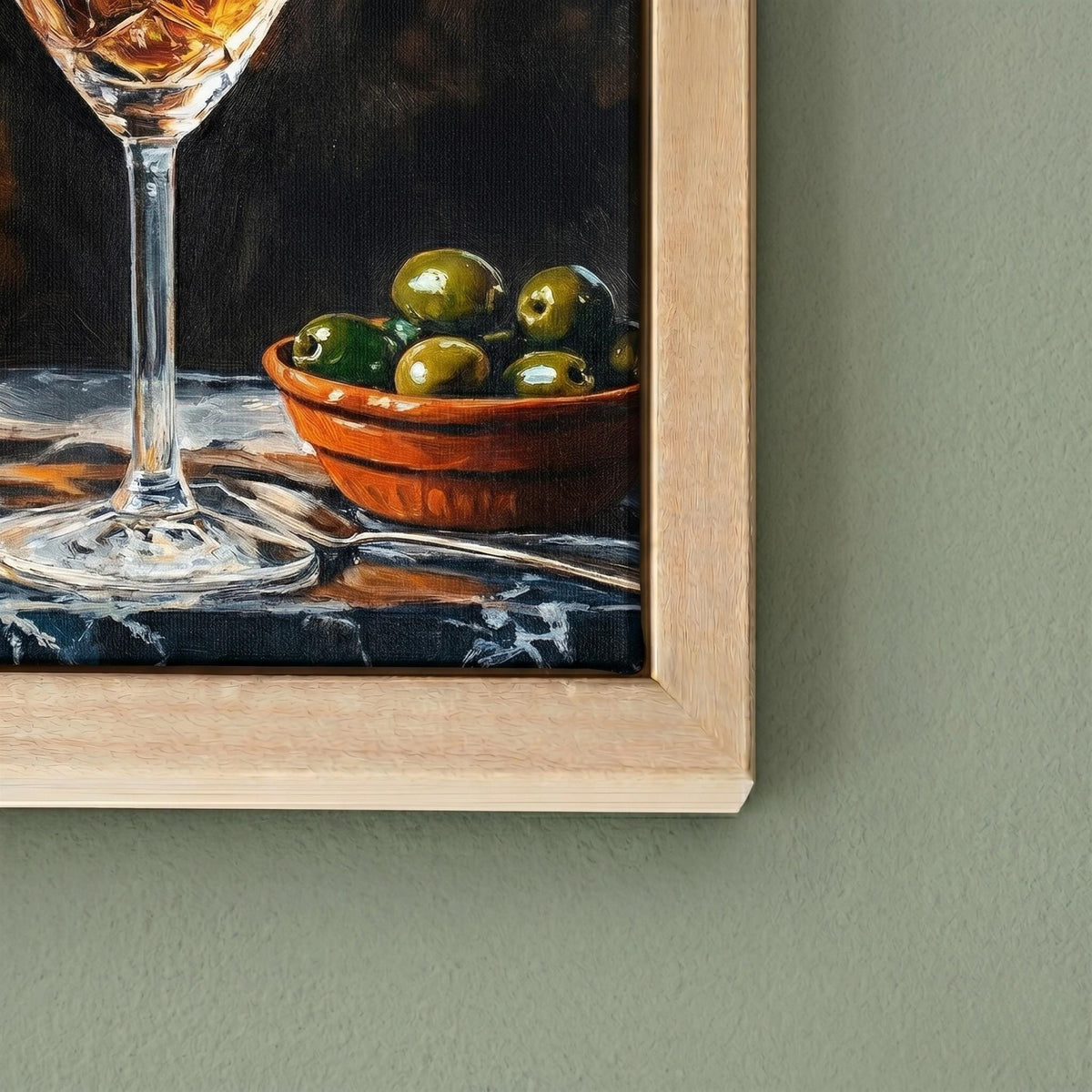 Mid-century bar still life in amber and gold, made to order framed canvas